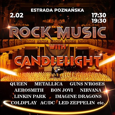 Concert poster: information about the event and photo of a man playing the piano among numerous lit candles.