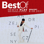 Poster of the event - photo of Andrzej Piaseczny in white suit on light grey background. On the top - red stripe with white captions on it with information about the concert