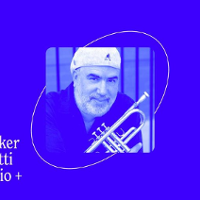 Photo of a man holding a trumpet. Picture in blue colours.