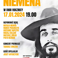 Concert poster: on the right black and white photo of Czesław Niemen's face, on the left information about the event.