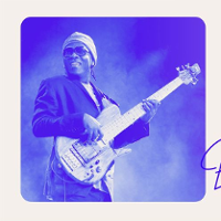 Photo of Richard Bona playing the guitar. Photo in blue and white colours.