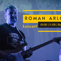 Concert poster: photo of Roman Arlov and information about the event. Poster in blue and yellow colours.