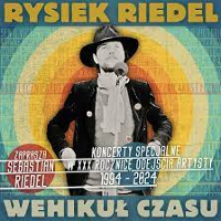 Concert poster: drawing of a man standing in front of the microphone and information about the event. Colourful circles as a background.
