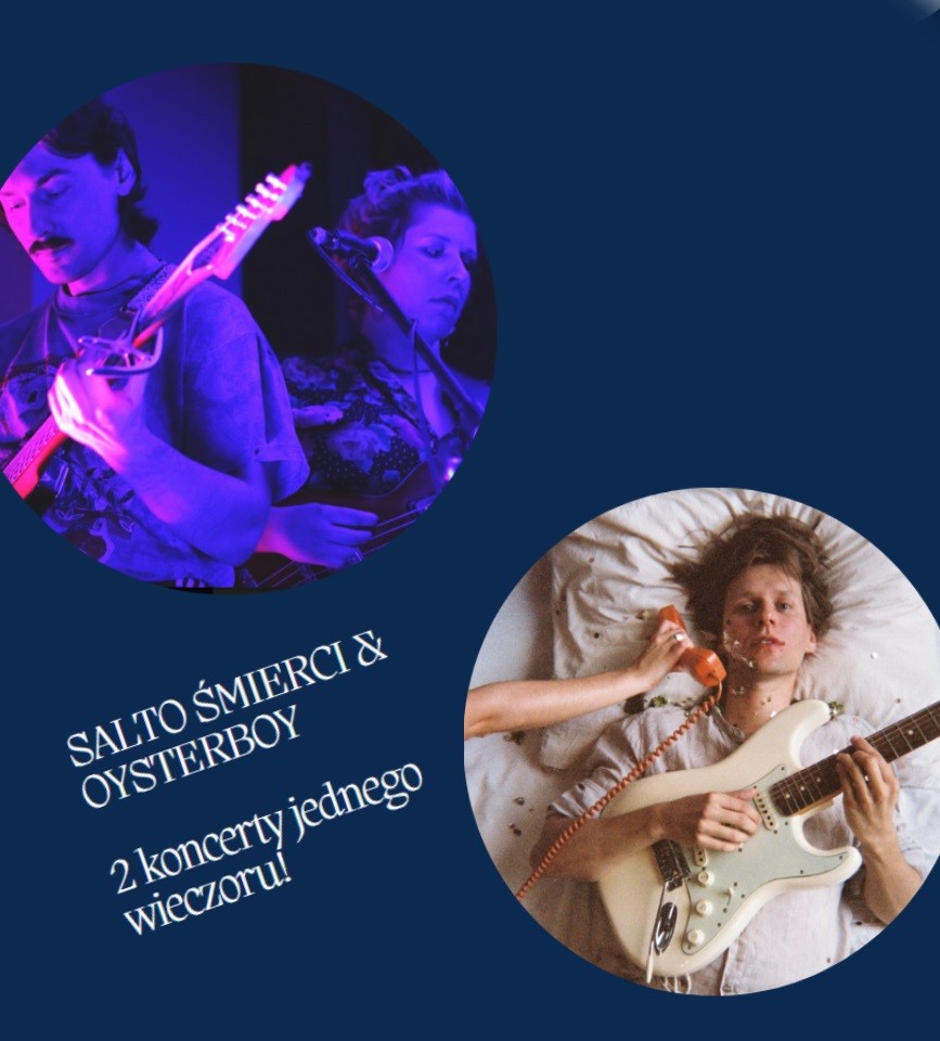 Concert poster - two pictures of the performers in circles on a dark-blue background.