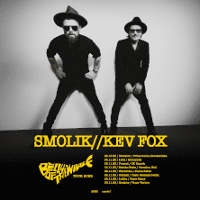 Black and white photo of the musicians and information about the event in yellow colour.