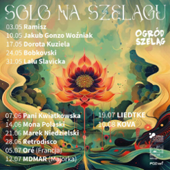 Poster with information about the concerts in Szeląg. In the middle drawing of an exotic flower.