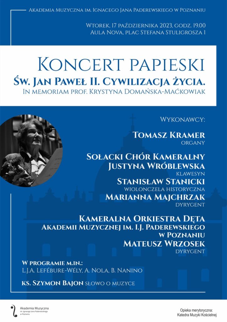 Part of a concert poster: information about the event on a blue background. A small black and white photo of a woman on the left.