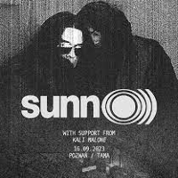 Black and white concert poster with information about the event and photo of two people dressed in black clothes.