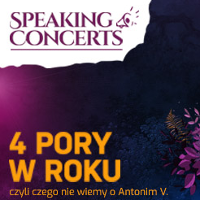 Concert poster in white and violet colours: the title of the concert.