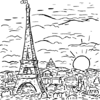 Black and white drawing of the Eiffel Tower and other buildings. The setting sun in the background.
