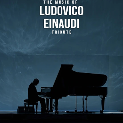 Concert poster: black picture of a man sitting at the piano, dark blue background.