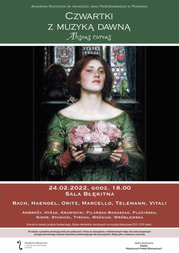 Concert poster - a woman in historical clothes, holding a vase with roses. In the bottom of the poster - information about the concert.
