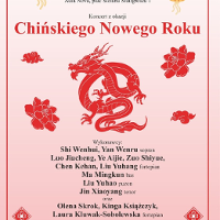 Concert poster in red and black colours: information about the event and a drawing of a dragon.