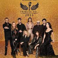 Concert poster with photo of the concert performers. Golden background.