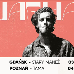 Concert poster - black and white photo of a man with cigarette in his mouth, pink background.