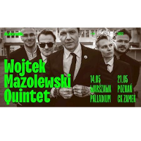 Black and white photo of Wojtek Mazolewski Quintet and information about the event in green colour.