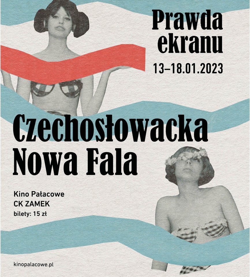 Artistic poster in pastel colors with two women in swimsuits from films presented as part of the review.