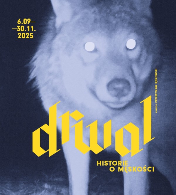 A graphic based on a blurry, overexposed photograph of a wolf. The image is in blue tones. Yellow inscriptions are superimposed over it: "6.09-30.11.2025, LUMBERJACK, STORIES OF MASCULINITY, CURATOR: PRZEMYSŁAW JĘDROWSKI."