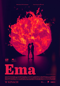 Movie poster - Two people standing opposite each other, red and orange sphere in the background.