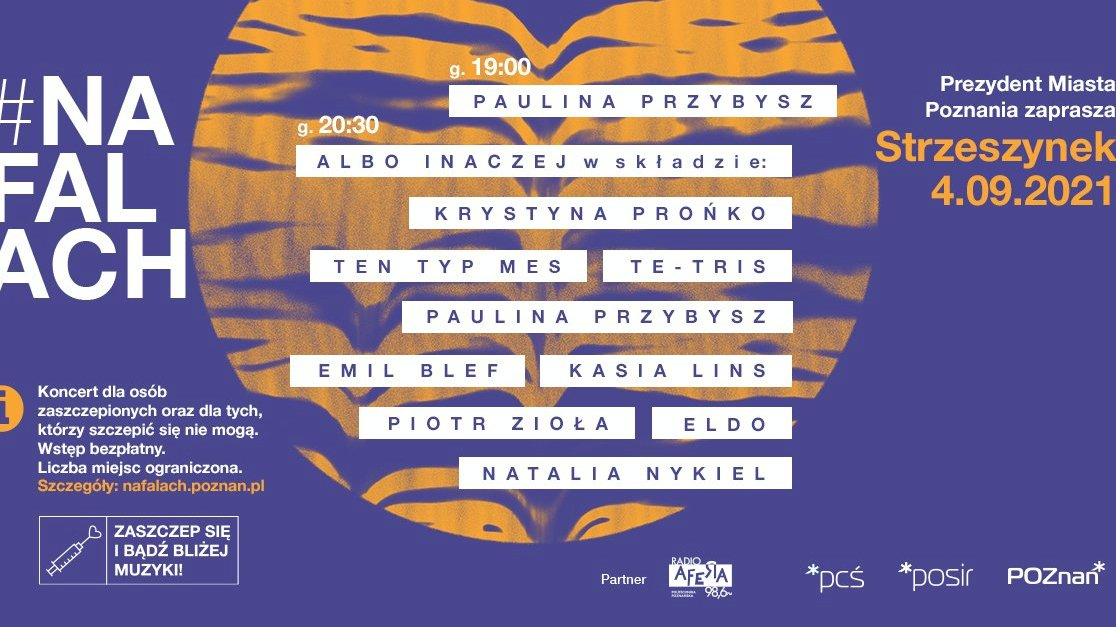 Graphic announcing the concert: purple and orange background, the names of performers on it.