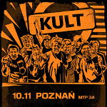 Black and orange event poster - a drawing of a group of people, above them the inscription "Kult". In the bottom of the poster - information about the concert.