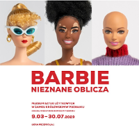 Exhibition poster: photo of three Barbie dolls' faces and information about the exhibition.