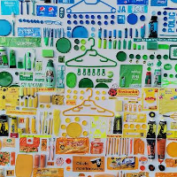 Exhibition poster in blue, green, yellow and orange colours