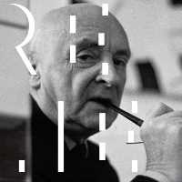 Black and white exhiibtion poster with photo of Henryk Stażewski