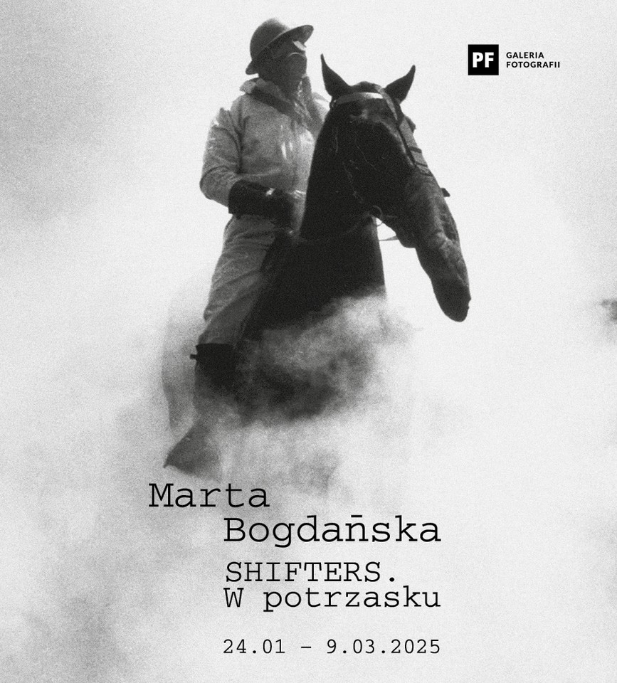 Black and white photo of a man on a horse with a deformed head and information about the event.