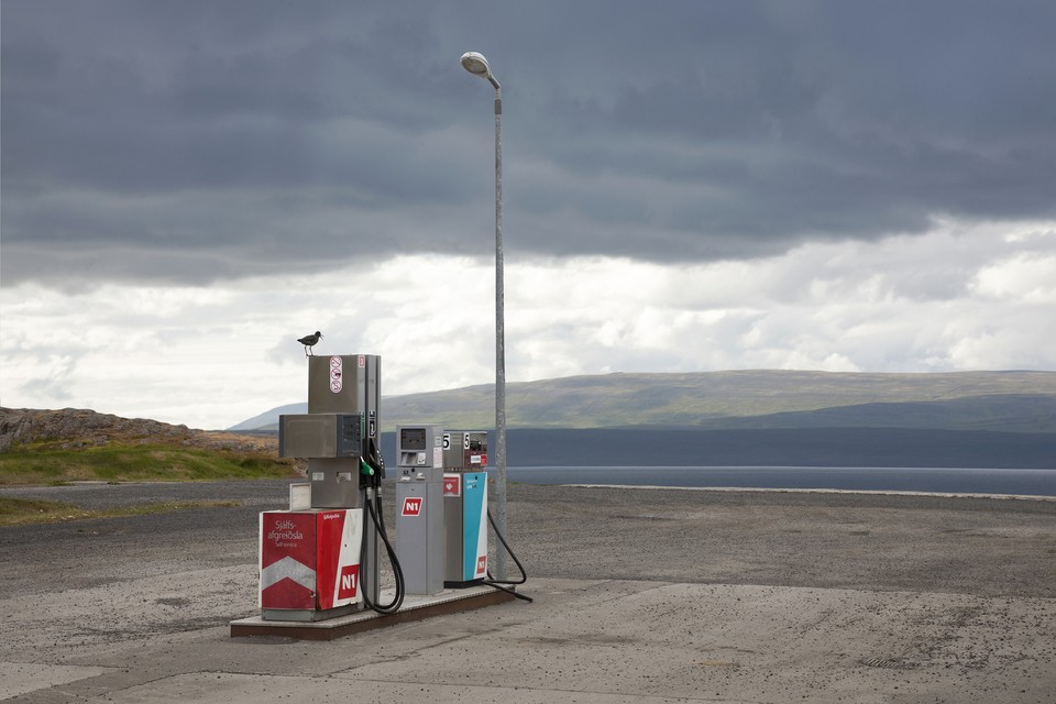 The photograph shows a small gas station with a bird sitting one one of the dispensers. An open landscape with gray clouds as a background.