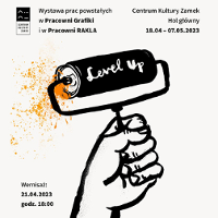 Exhibition poster: a drawing of a hand holding a paint roller; information about the event at the bottom and the top of the poster.