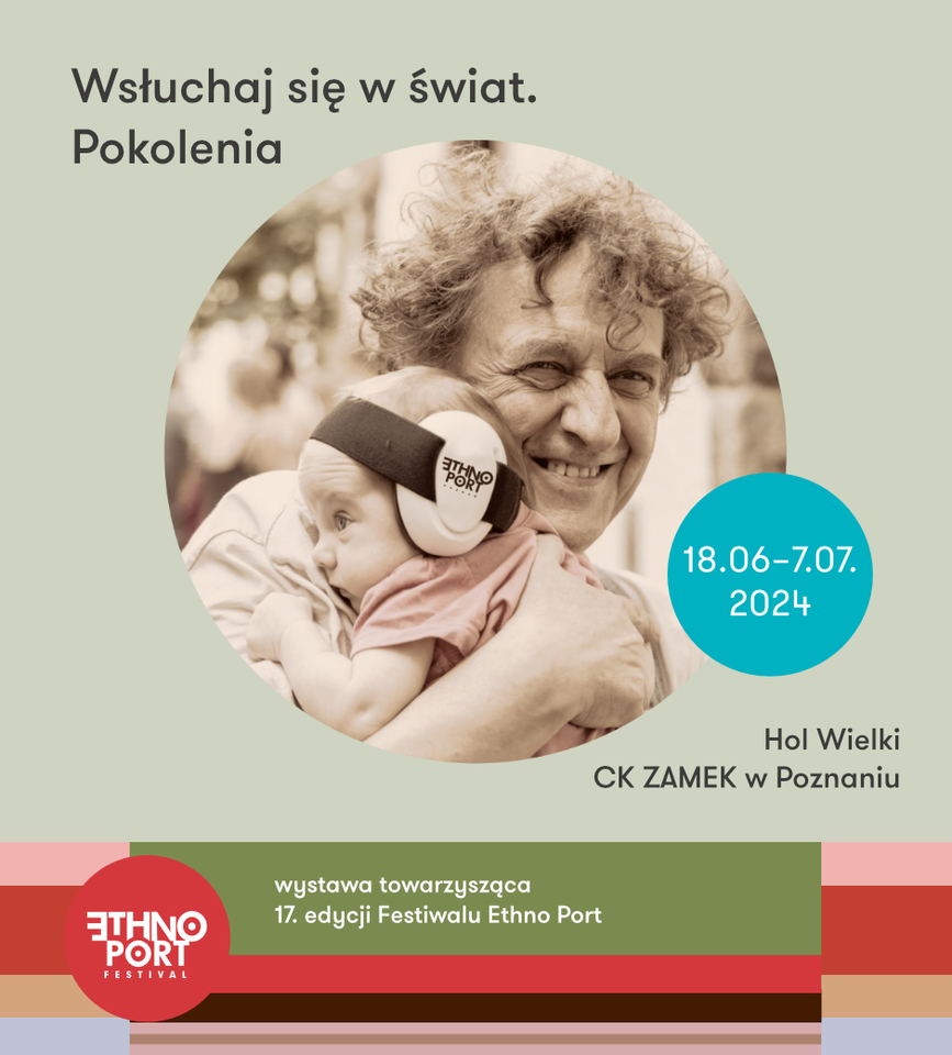 Exhibition poster: photo of a man holding and hugging a baby in big ear-phones and information about the event.