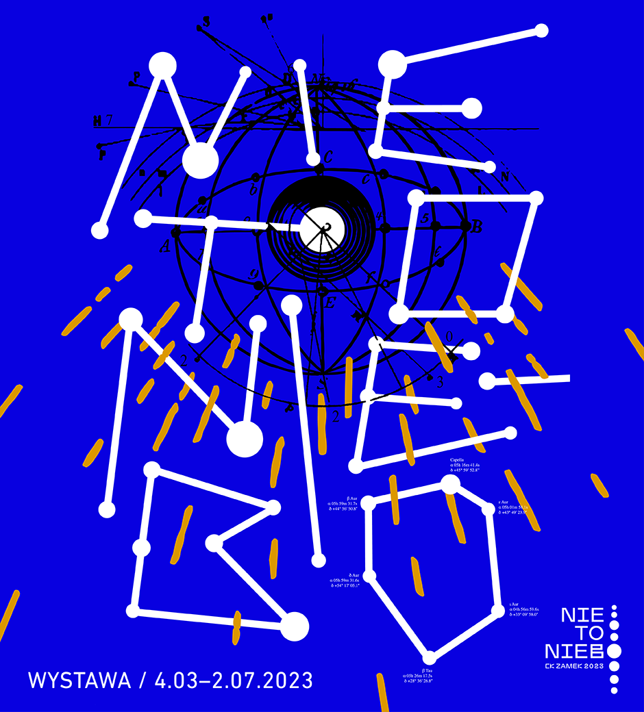 Exhibition poster in dark blue, white, blank and orange colours.