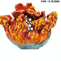 Exhibition poster in orange and white colours.