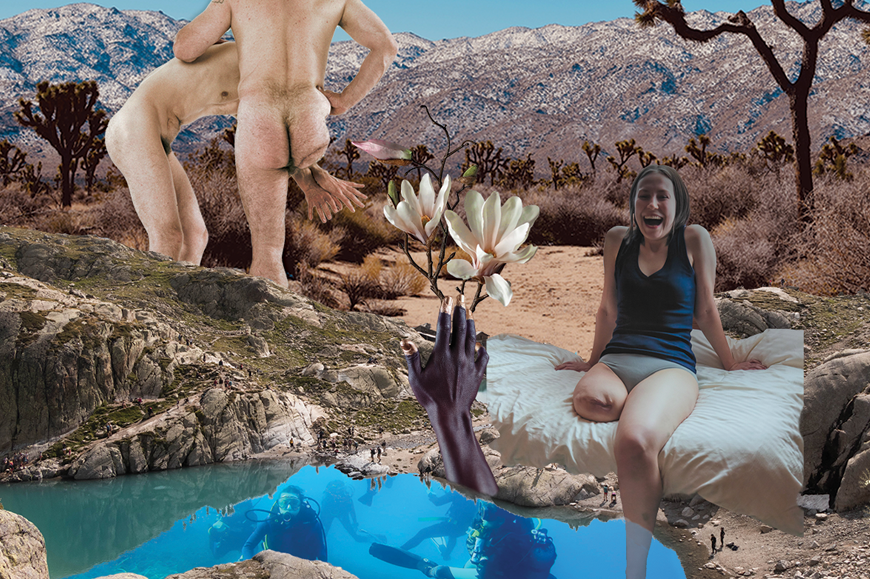 Collage by Magdalena Sobolska. It is kept in brown and blue colours. In the foreground there is a pond, on the right side of the painting sits a smiling girl without a leg, wearing only a T-shirt and panties. On the left side - naked male bodies. One man is without a leg.