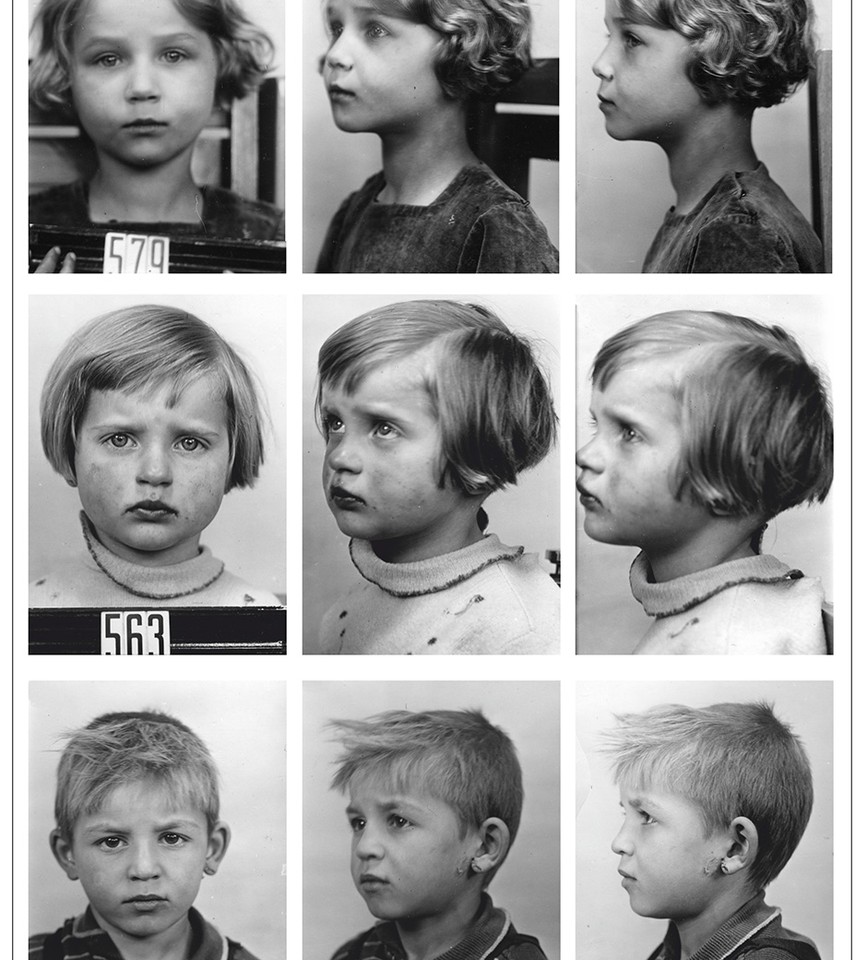 Black and white photo divided into 9 small pictures of sad children faces taken in profile and en face.