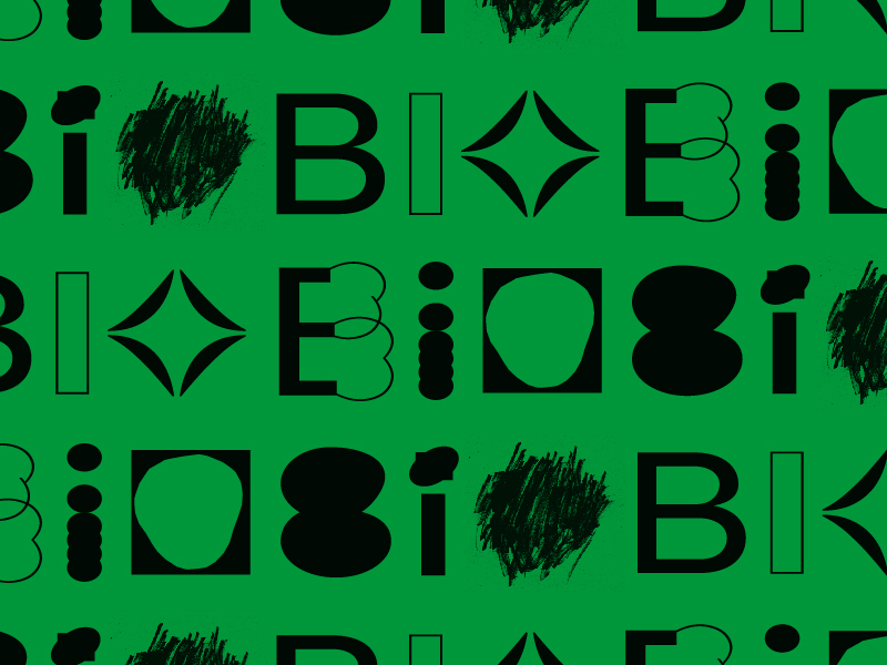 Black letters and shapes on green background