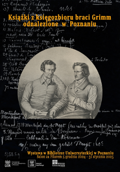 Black and white portrait of Grimm Brothers in a circle, text on black background around it.