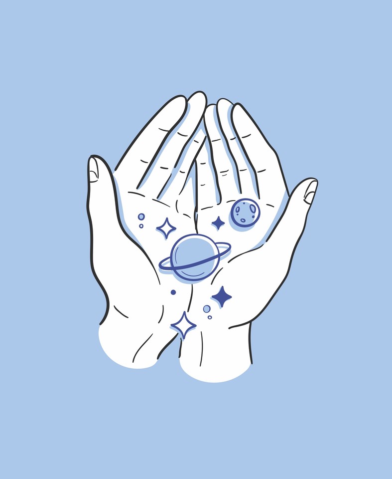 Picture of open hands on which planets and stars are laying; blue background.