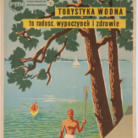Exhibition poster: one of the exhibition works - drawing of a lake, a tree and two men - one standing with an oar on the shore, the the other in a kayak on the lake.