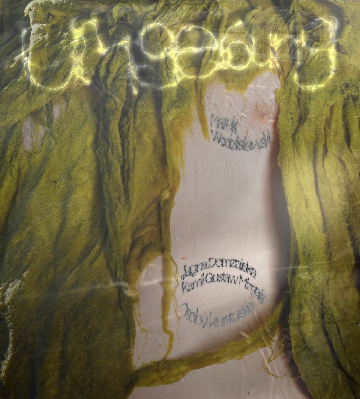 Exhibition poster: abstract work in green and light pink colours.