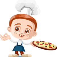 Colourful drawing of a boy in a cook's outfit, holding a plate with pizza.