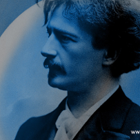 Festival poster in blue colours: picture of Ignacy Jan Paderewski and information about the event.