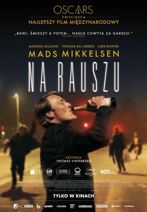 Film poster: a man drinking champagne from a bottle, a few people as a background.