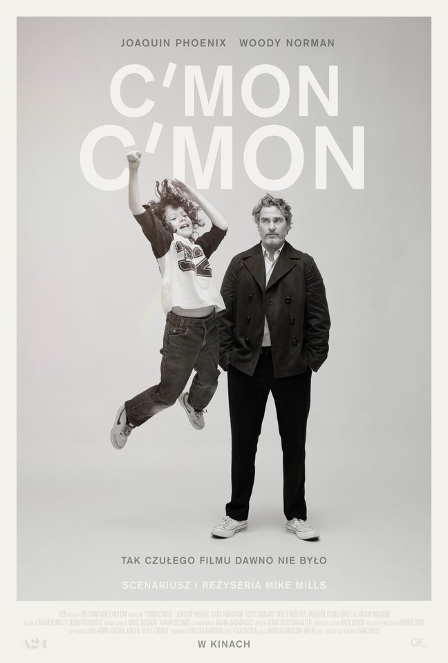 Black and white film poster: a man standing with his hands in pockets and a boy jumping with his hands and legs up. The title of a film as a background.