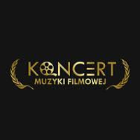 Concert poster: golden inscription "Koncert muzyki filmowej" on black background.