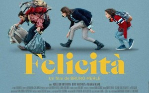 Film poster: three people going leaned in a row. One of them is carrying a backpack on his back and two other bags in his hands. At the bottom of the picture the title of the movie.