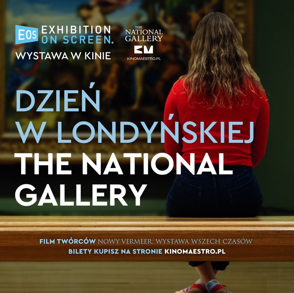 Event poster: photo of a woman sitting on a bench in a gallery and looking at the picture. Information about the event on the picture.