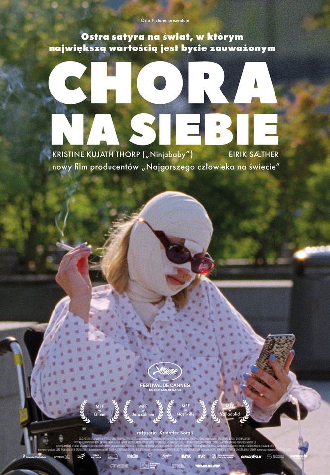 Film poster: a woman with bandaged head, in sunglasses, holding a cigarette in one hand and a cell-phone in another.