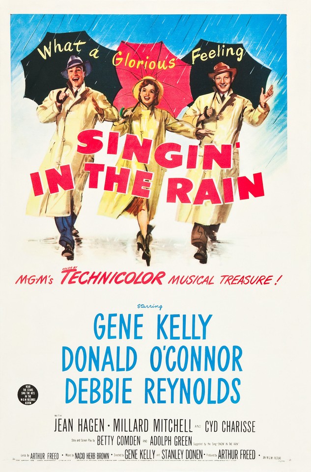 Film poster: drawing of three people in coats under umbrellas and information about the movie.